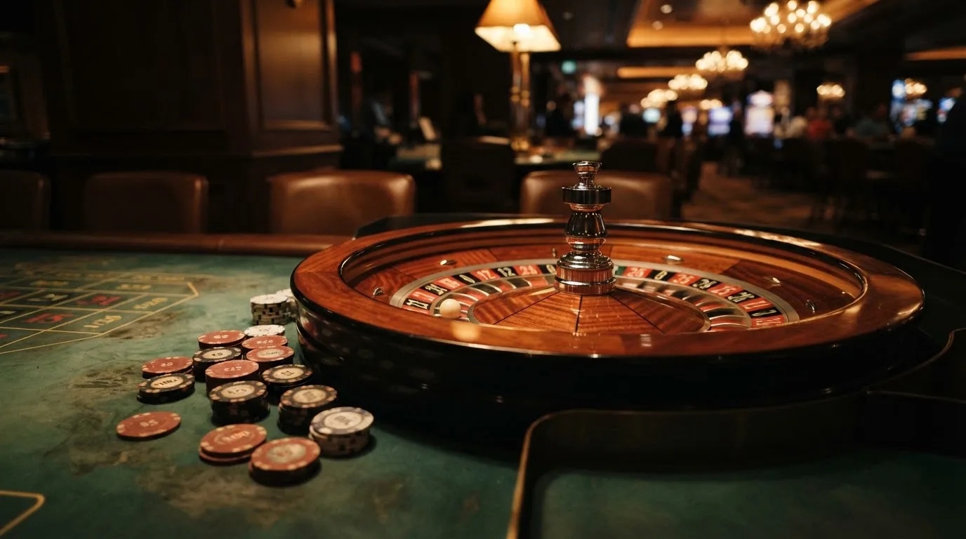 Rulettehjul og sjetonger på grønn filt i varmt kveldslys — 10 kr casinoer i norge