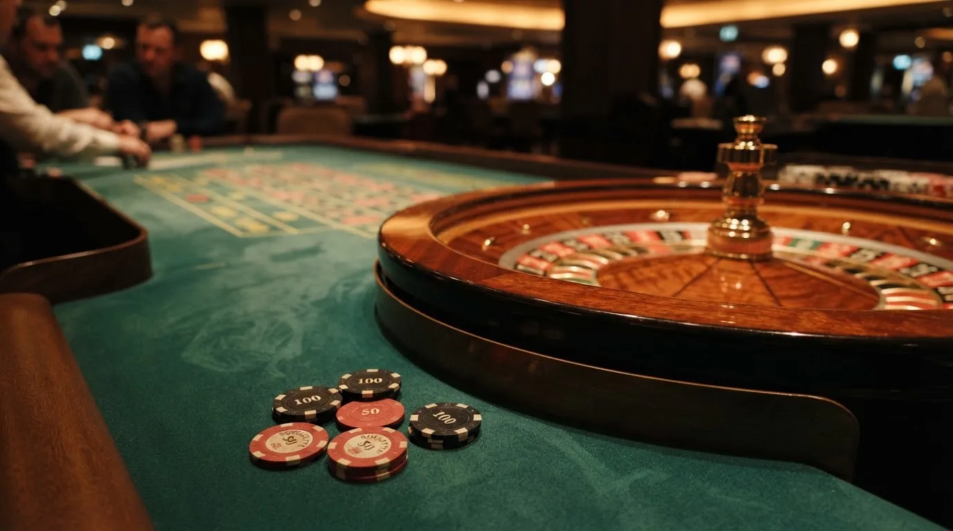 Rulettehjul og sjetonger på grønn filt i varmt kveldslys — 100 kr casinoer i norge
