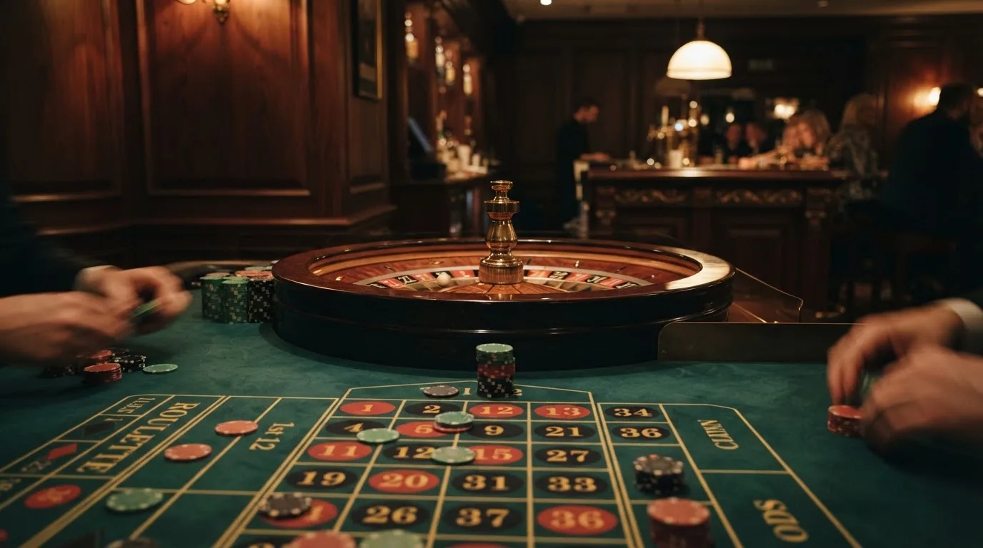 Rulettehjul og sjetonger på grønn filt i varmt kveldslys — 20 kr casinoer i norge