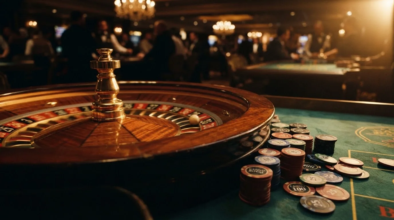 Rulettehjul og sjetonger på grønn filt i varmt kveldslys — beste blackjack i norge