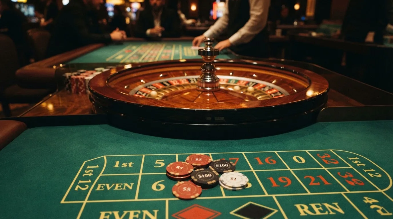 Rulettehjul og sjetonger på grønn filt i varmt kveldslys — beste bonuser på norske casinoer