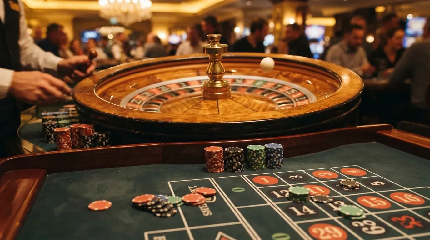 Rulettehjul og sjetonger på grønn filt i varmt kveldslys — beste casino spilleautomater