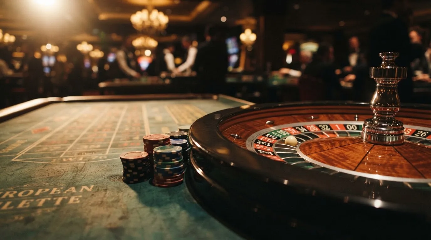 Rulettehjul og sjetonger på grønn filt i varmt kveldslys — beste casinobonuser i norge