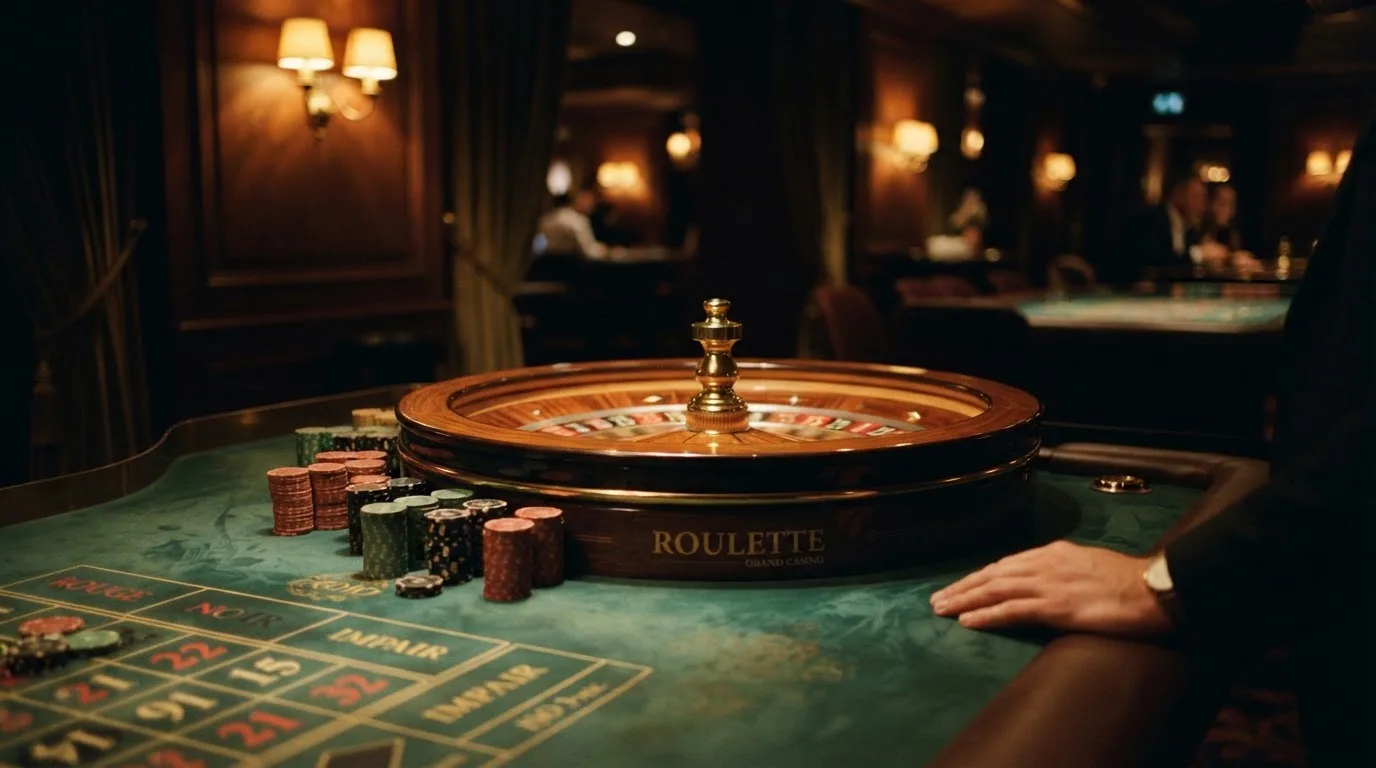 Rulettehjul og sjetonger på grønn filt i varmt kveldslys — beste casinoer med baccarat