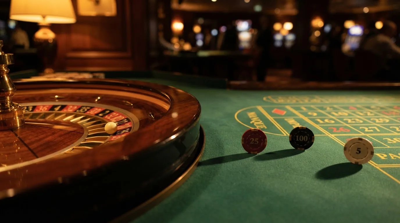 Rulettehjul og sjetonger på grønn filt i varmt kveldslys — beste casinoer med bingo