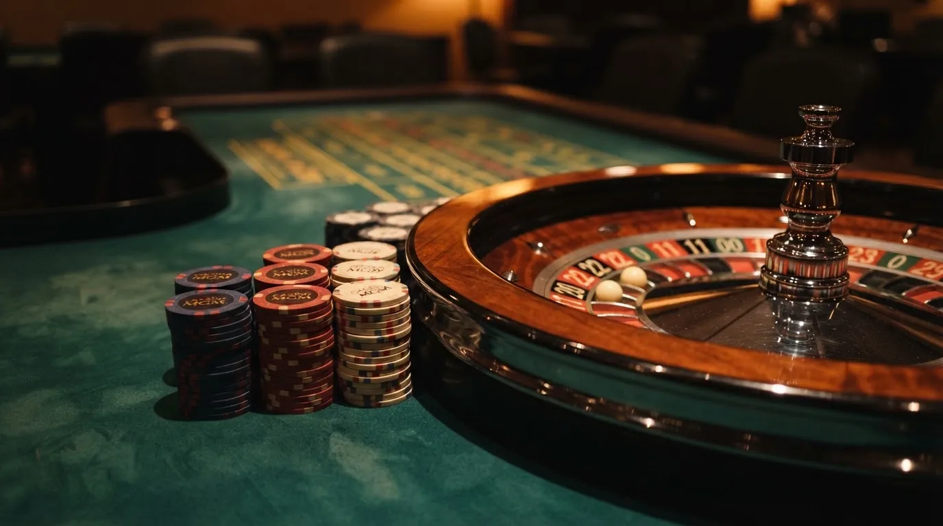 Rulettehjul og sjetonger på grønn filt i varmt kveldslys — beste utenlandske casinoer