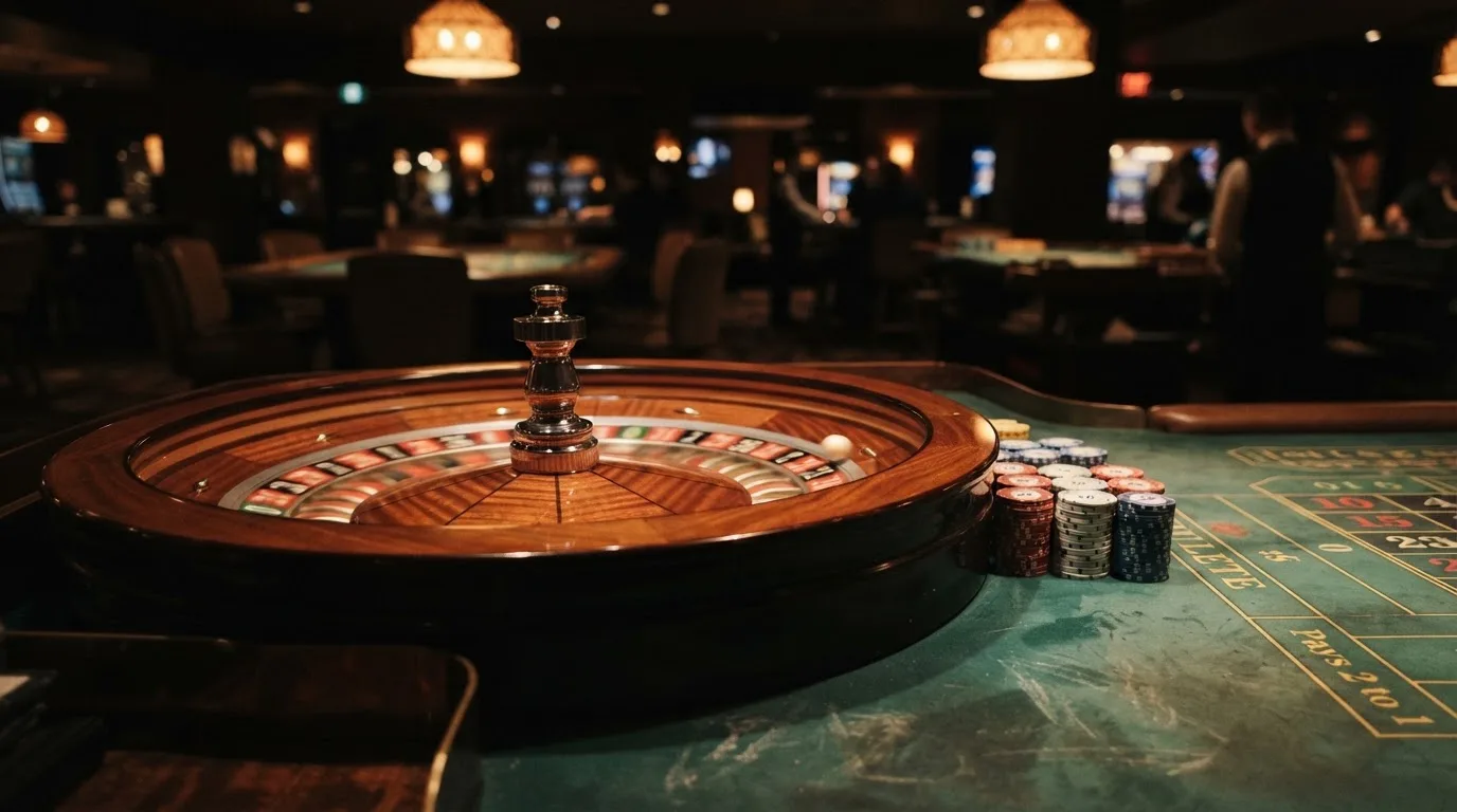 Rulettehjul og sjetonger på grønn filt i varmt kveldslys — bonuser på nettcasino