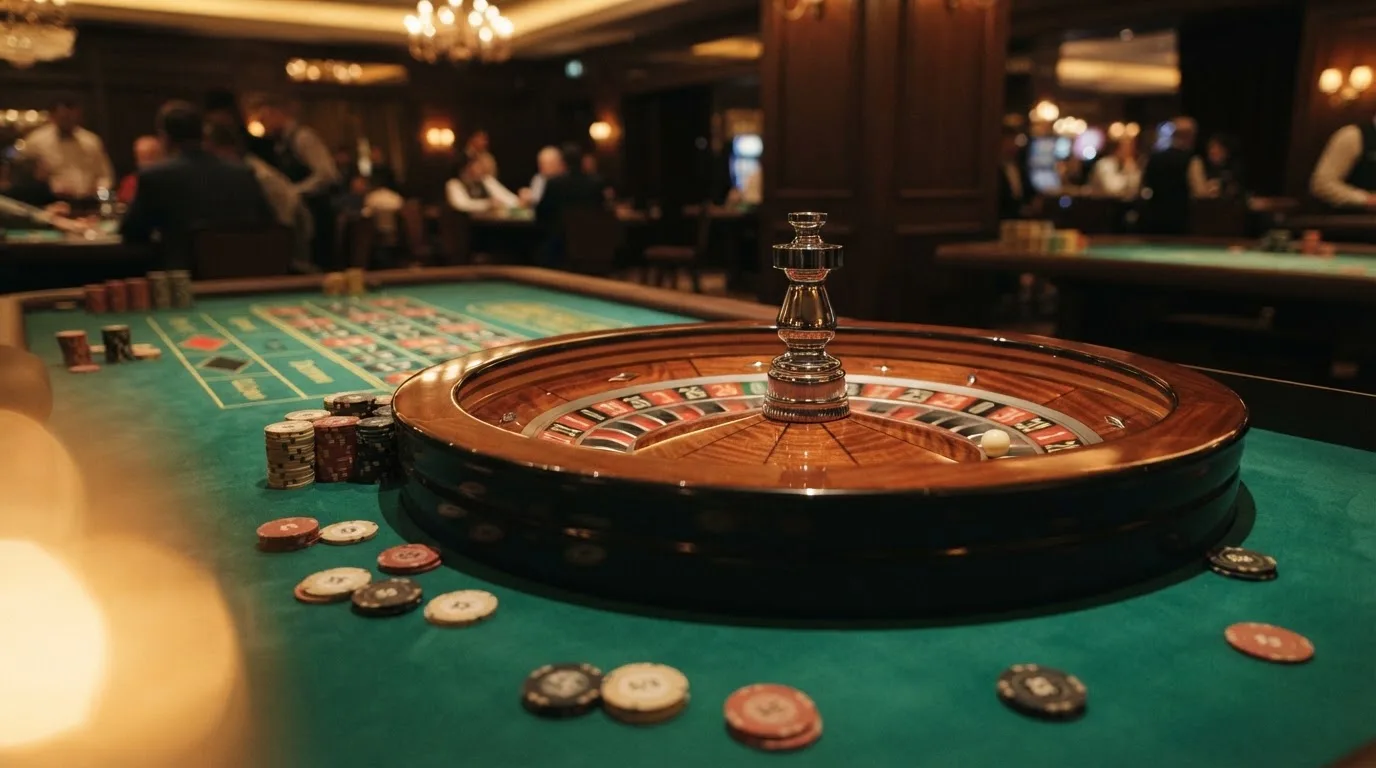 Rulettehjul og sjetonger på grønn filt i varmt kveldslys — casino slots in norway