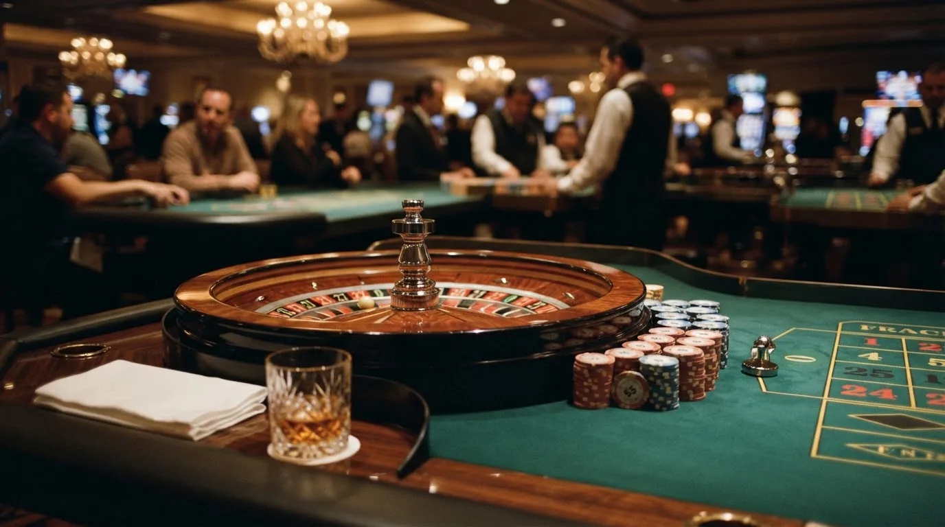 Rulettehjul og sjetonger på grønn filt i varmt kveldslys — casino tipping i norge
