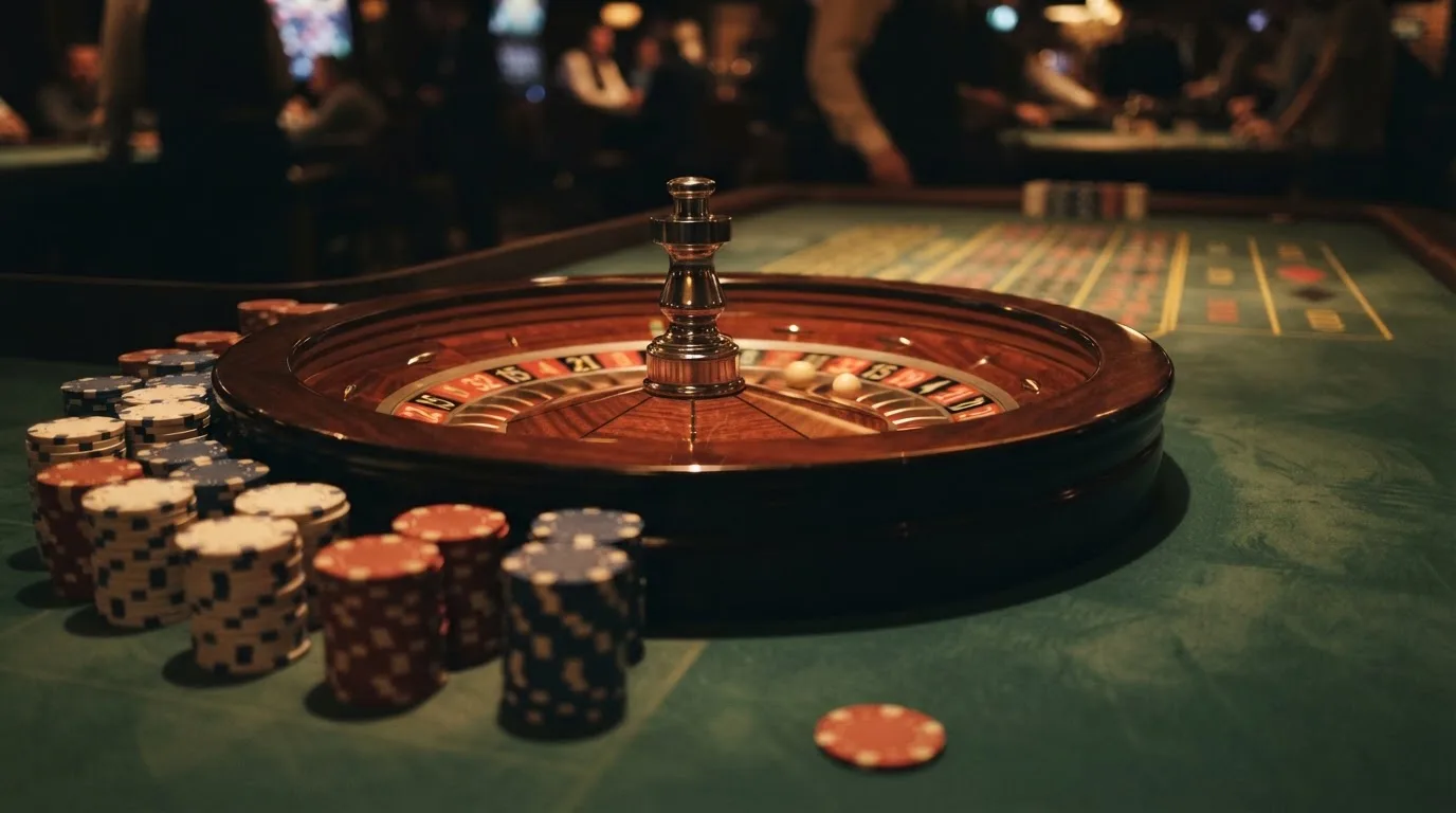 Rulettehjul og sjetonger på grønn filt i varmt kveldslys — casino uten lisens i norge