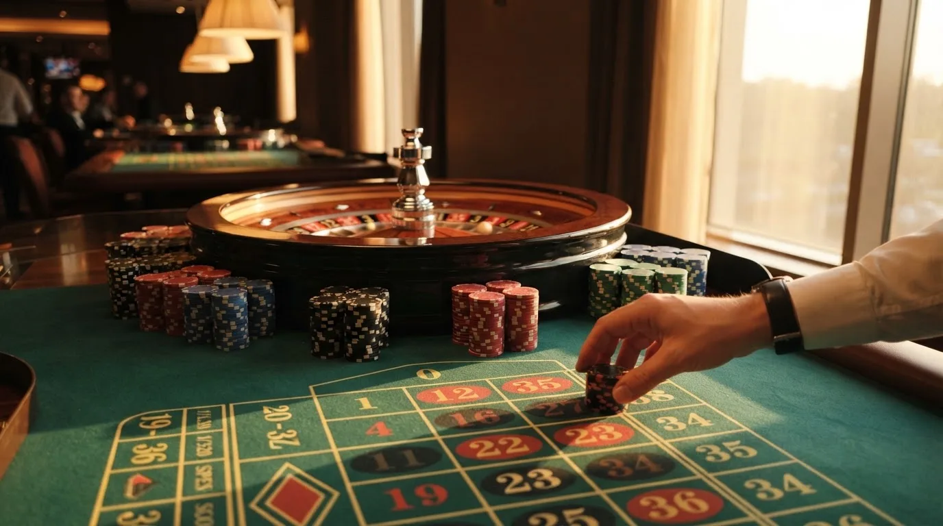 Rulettehjul og sjetonger på grønn filt i varmt kveldslys — casinoer med bitcoin i norge