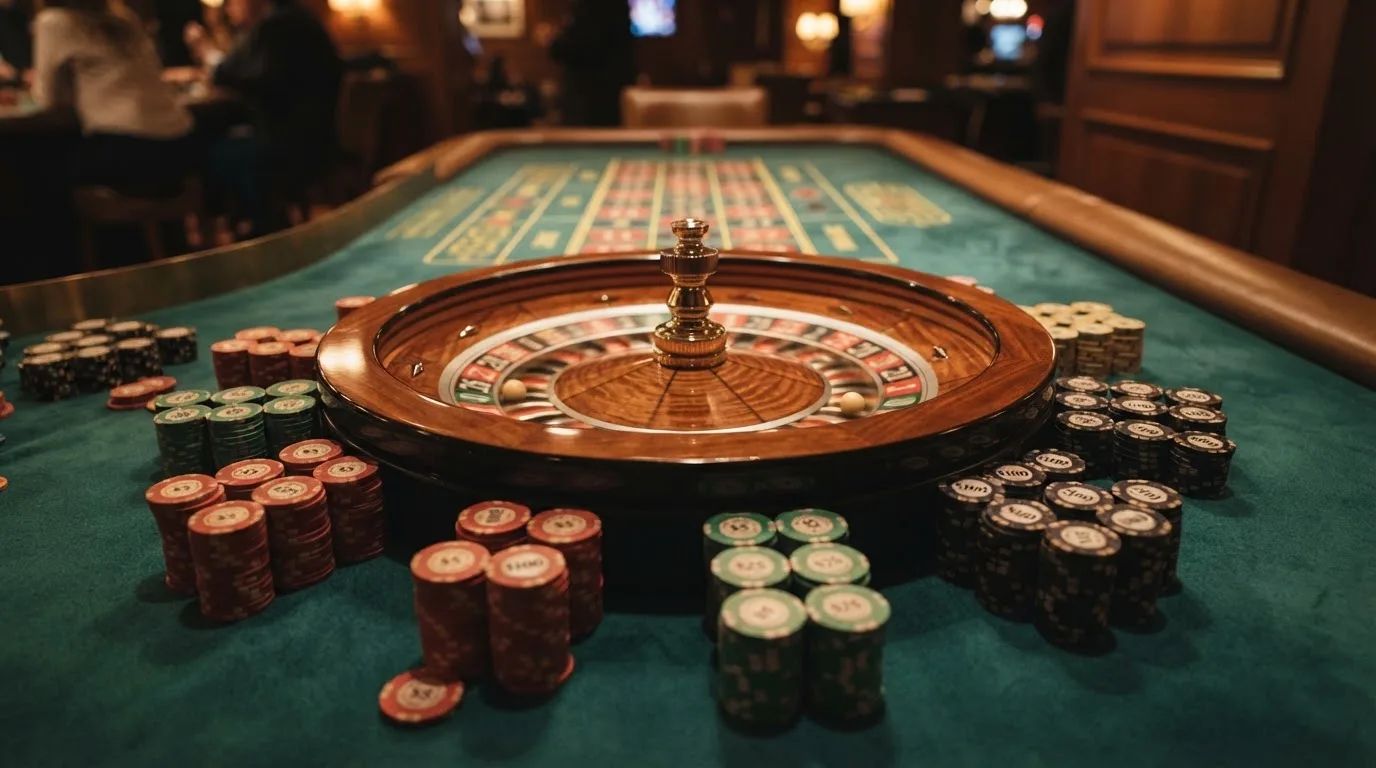 Rulettehjul og sjetonger på grønn filt i varmt kveldslys — casinoer med dogecoin i norge