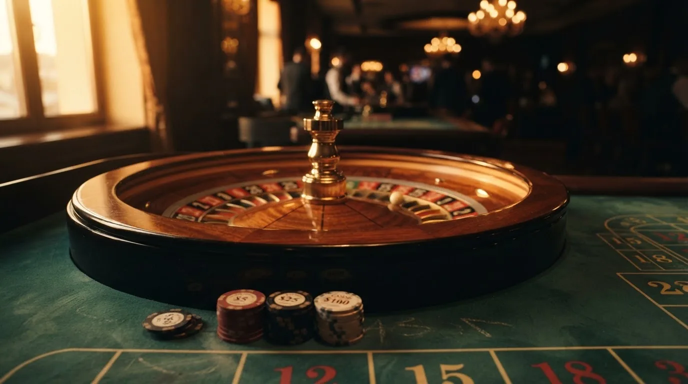Rulettehjul og sjetonger på grønn filt i varmt kveldslys — live roulette in norway