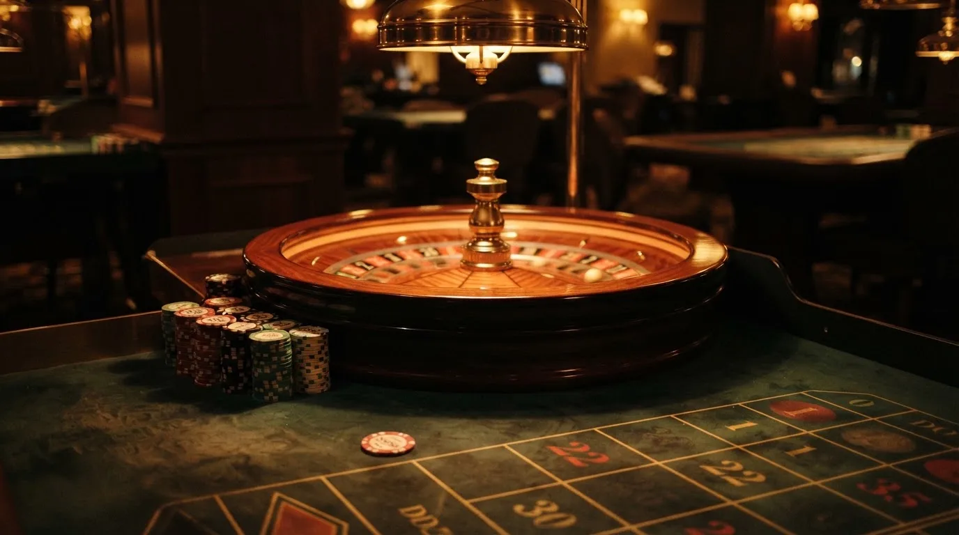 Rulettehjul og sjetonger på grønn filt i varmt kveldslys — norske casinoer på ios